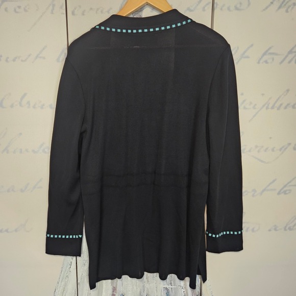 Ming Wang Womens Black Cardigan Sweater Blazer Teal Trim Buttons Size L - Picture 2 of 6
